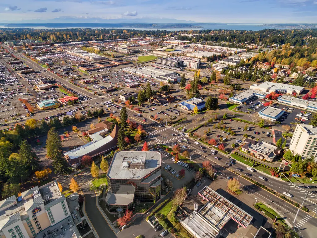 Aerial view of a large shopping center in Federal Way, WA.