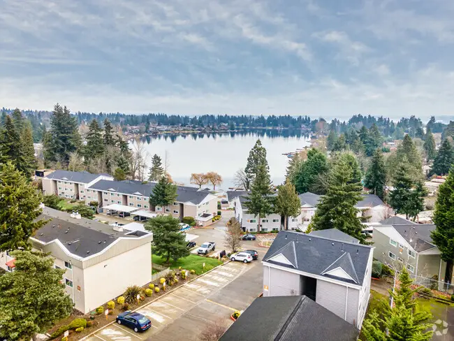 Aerial view of a Seatac, WA residential area near a serene lake with evergreen trees.