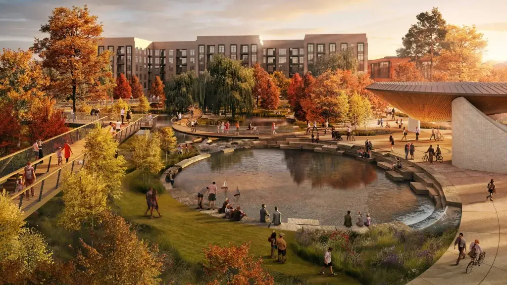 Scenic view of a park with people walking and modern architecture in Cary, NC – Website Design Cary NC.