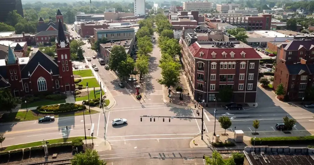 A vibrant view of downtown Fayetteville with tree-lined streets and historic architecture, ideal for Website Design Fayetteville NC.
