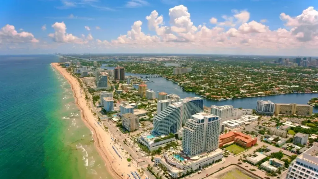 A stunning aerial view of Fort Lauderdale Beach and skyline, showcasing the city’s vibrant atmosphere, perfect for Website Design and Development Fort Lauderdale FL.
