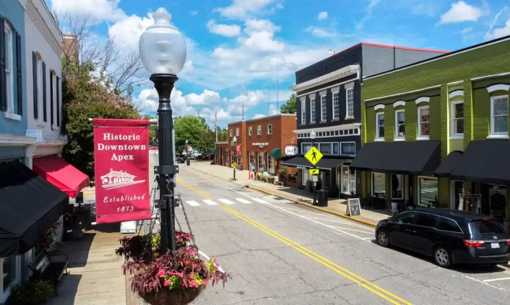 View of Historic Downtown Apex with a banner highlighting its rich heritage, perfect for Website Design Apex NC.
