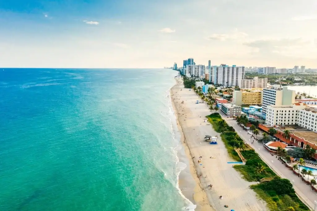 A panoramic view of Hollywood Beach with the ocean and beachfront hotels, showcasing the city skyline – Website Design and Development Hollywood FL