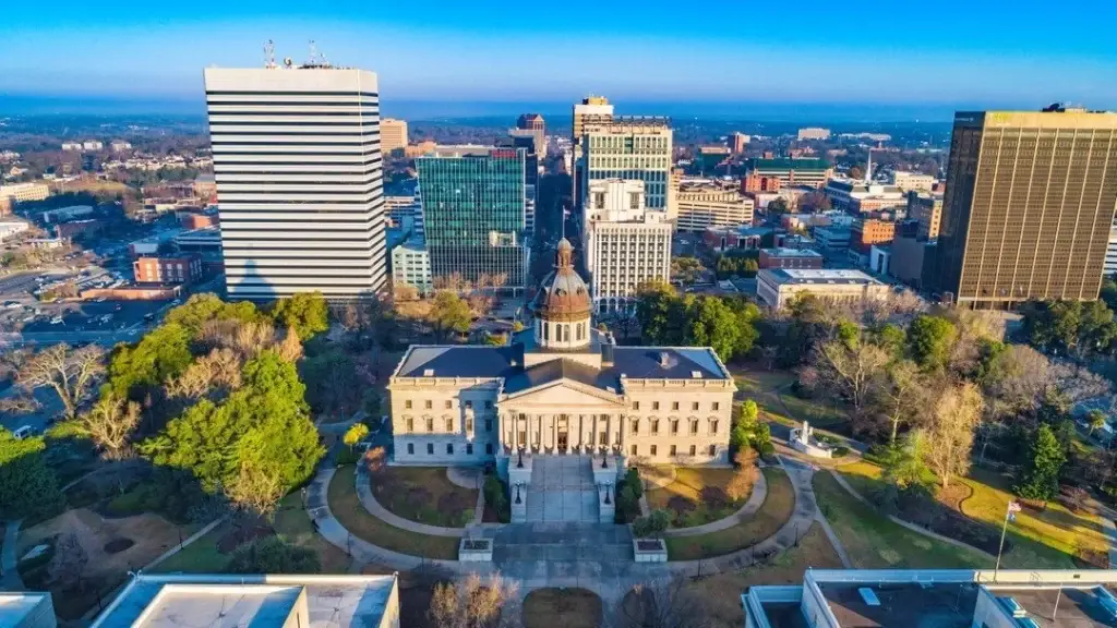 A stunning aerial view of Columbia SC with the State House and downtown skyline, ideal for Website Design Columbia SC.