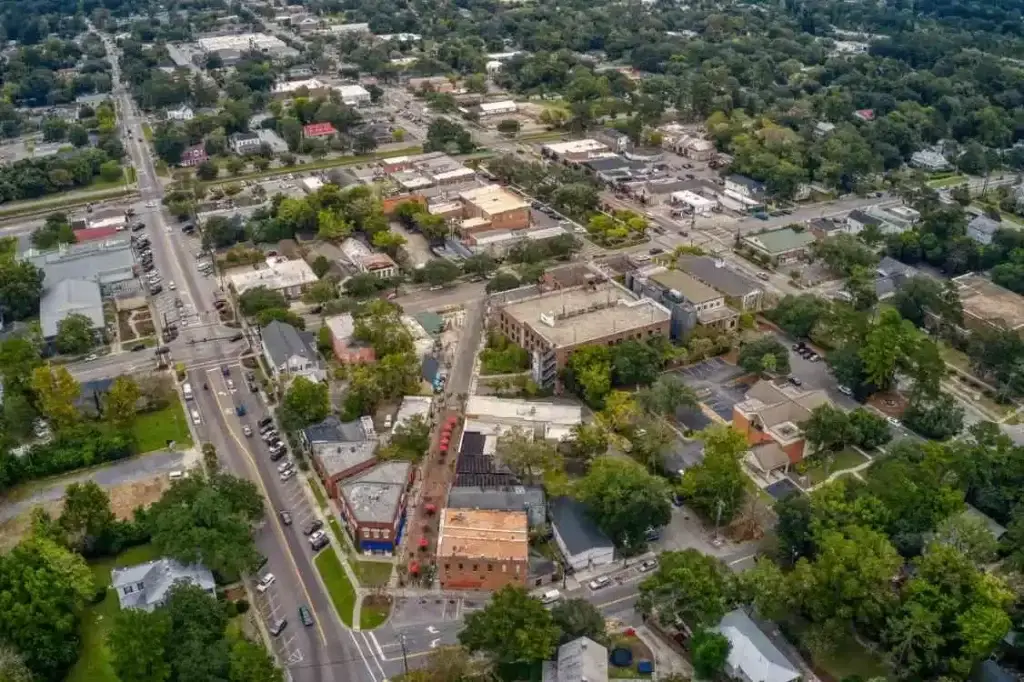 A captivating aerial view of Summerville SC, highlighting the city's streets, buildings, and greenery, perfect for Website Design Summerville SC.