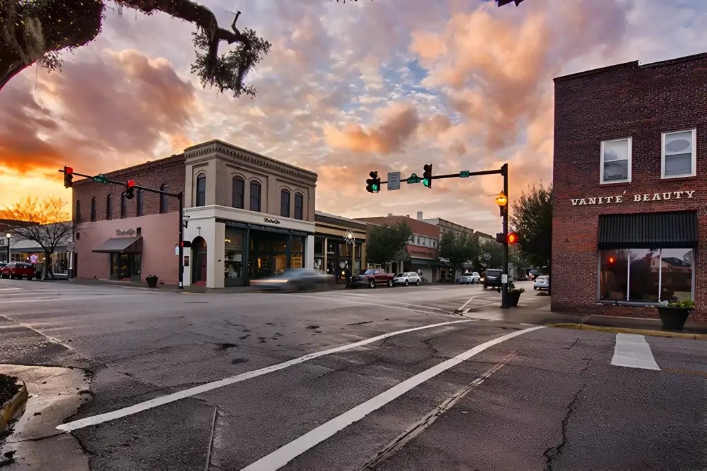 Beautiful sunset over Downtown Conway, highlighting Vanité Beauty and Main Street, perfect for Website Design Conway SC.