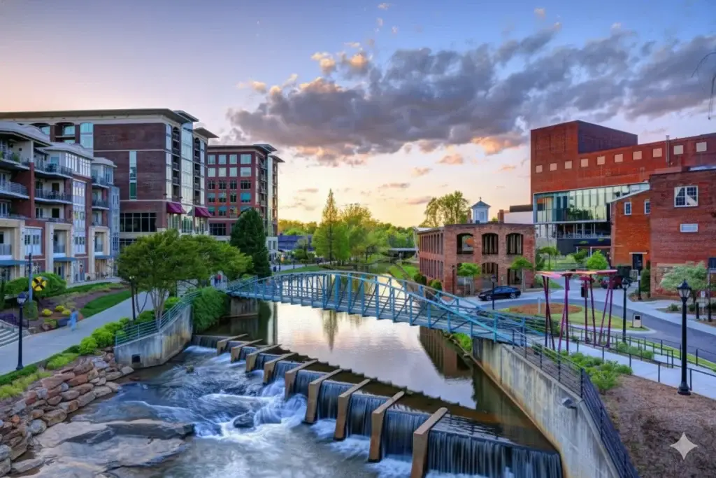 A beautiful view of downtown Greenville SC, featuring a bridge over a waterfall and modern buildings, ideal for Website Design Greenville SC.
