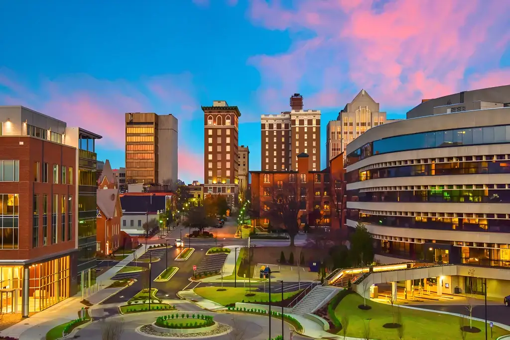 The stunning skyline of downtown Mauldin, SC at sunset, showcasing vibrant colors, perfect for Website Design Mauldin SC.