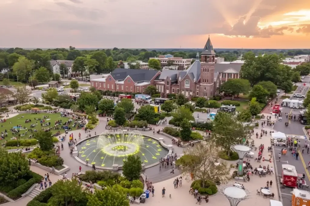 A vibrant view of downtown Rock Hill SC with a fountain and people enjoying the park, ideal for Website Design Rock Hill SC.