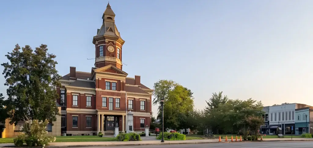 Exterior view of the stately Graves County Courthouse with a prominent clock tower in Mayfield, KY, a landmark supported by local Website Design Mayfield KY.