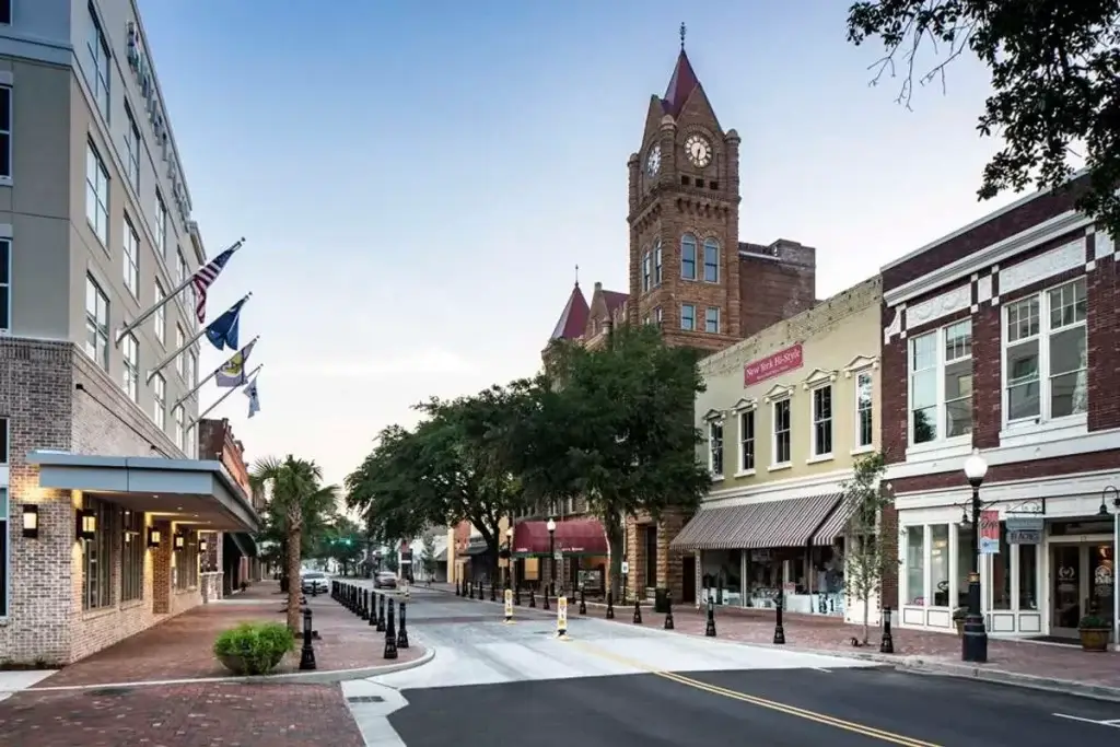 A beautiful view of downtown Sumter SC, featuring historic buildings and the iconic clock tower, ideal for Website Design Sumter SC.
