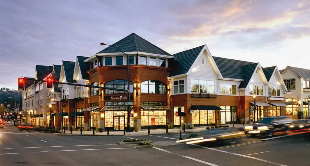Downtown Lake Oswego OR corner at dusk with luxury shops, warm lights, and blurred car traffic. Capture attention with Website Design Lake Oswego OR.