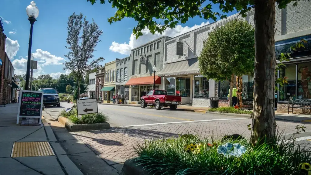 A view of Main Street in Fort Mill, SC, showcasing local shops, perfect for Website Design Fort Mill SC.