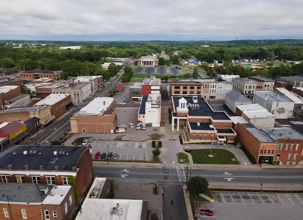Aerial view of historic Hopkinsville KY buildings and trees, showcasing the local charm that inspires our Website Design Hopkinsville KY services.