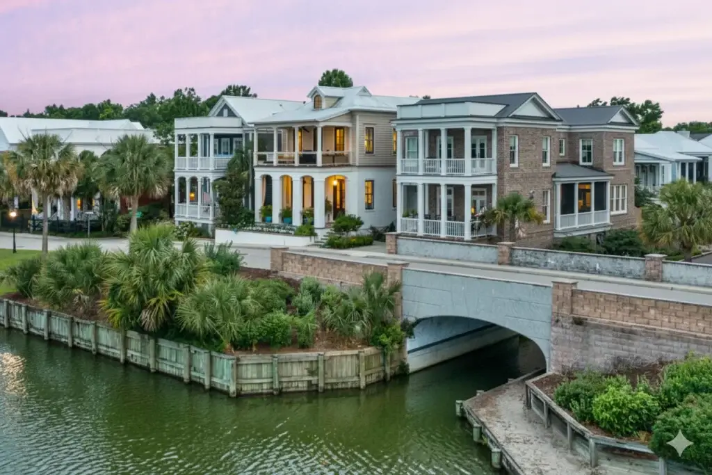 A scenic view of waterfront homes in Mount Pleasant SC, with a charming bridge, ideal for Website Design Mount Pleasant SC.