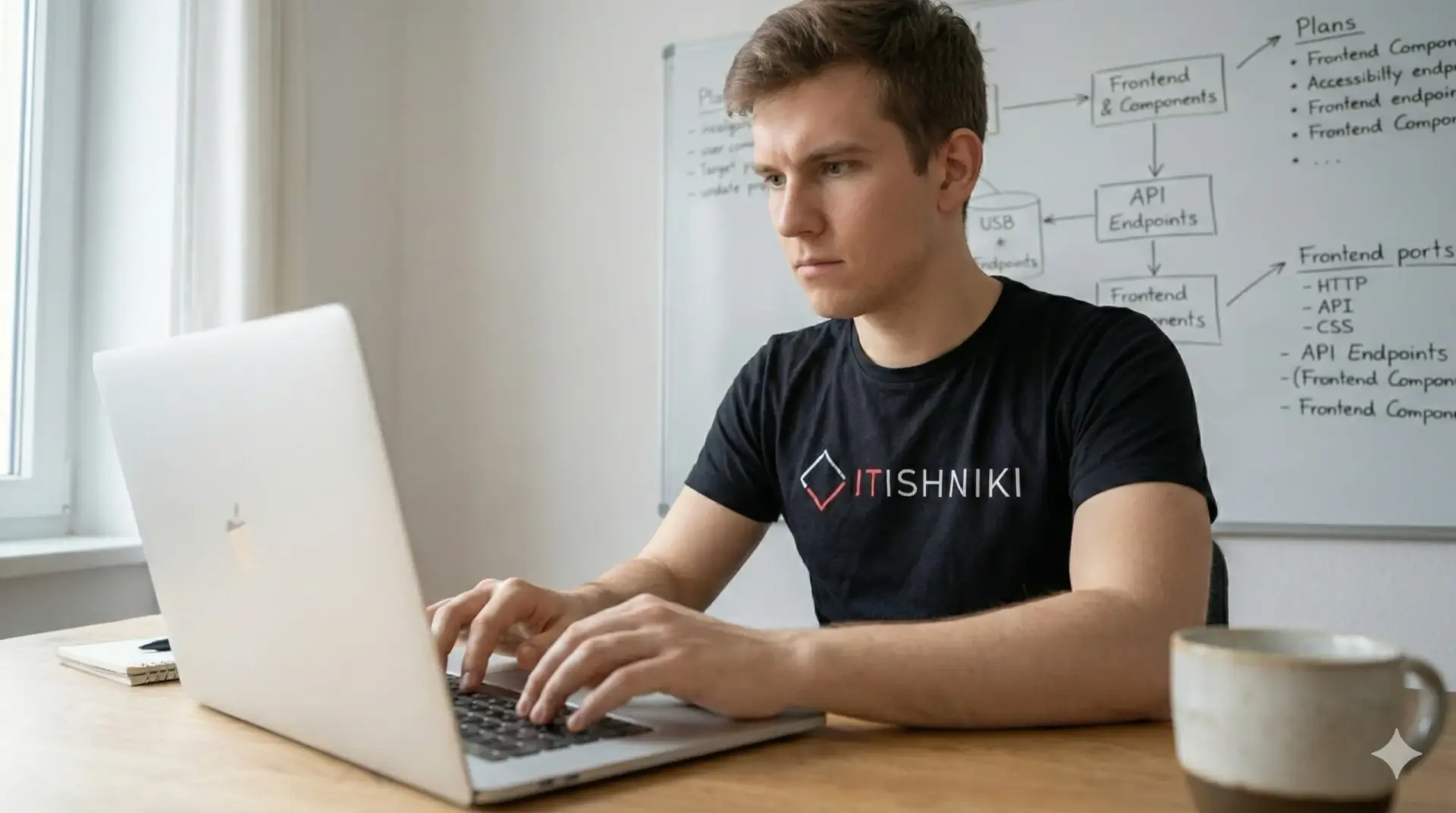 Male programmer sitting at a desk typing code to enhance a Wix platform project with backend diagrams behind him.