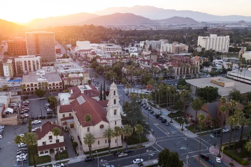Mission Inn Hotel and First Congregational Church at sunset near Website Design Riverside CA offices.