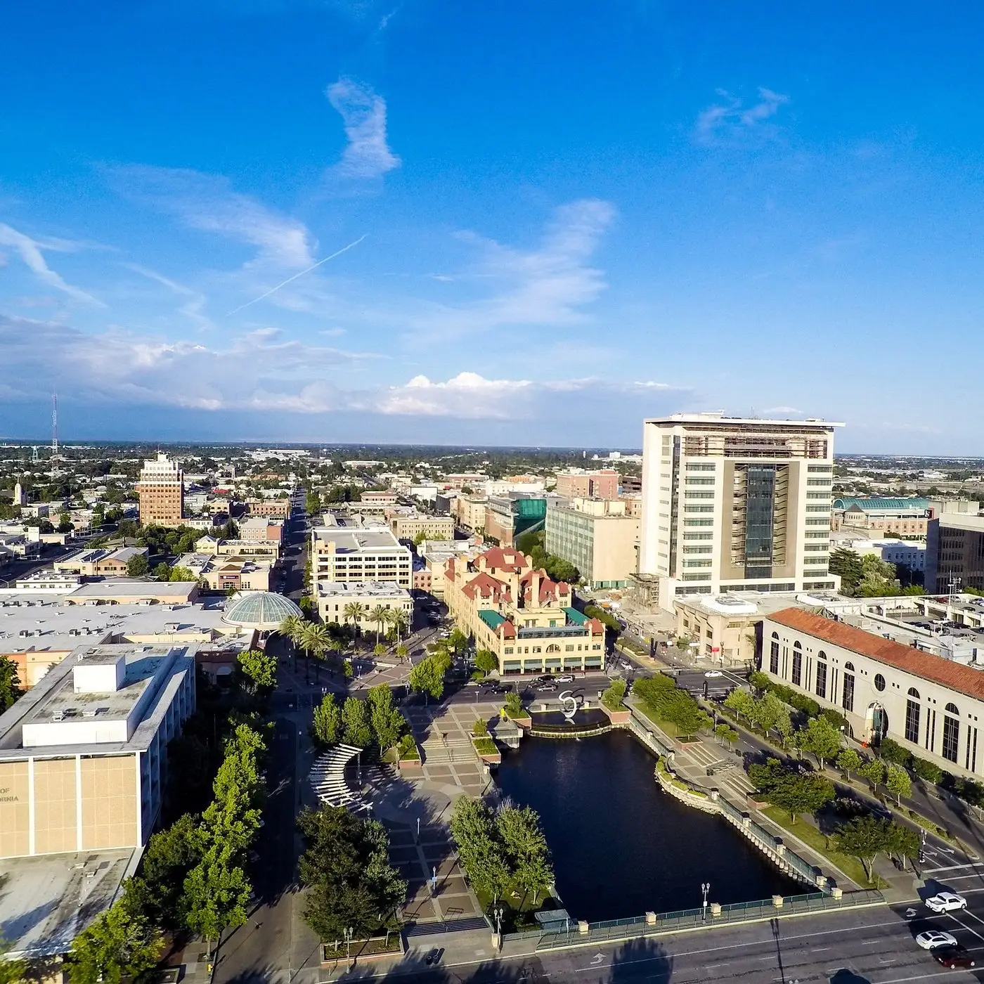 Downtown Stockton skyline and Dean DeCarli Waterfront Plaza near our Website Design Stockton CA agency.
