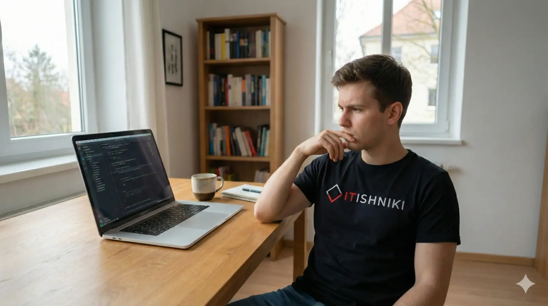 Pensive developer looking at code on laptop while debugging a Wix site.