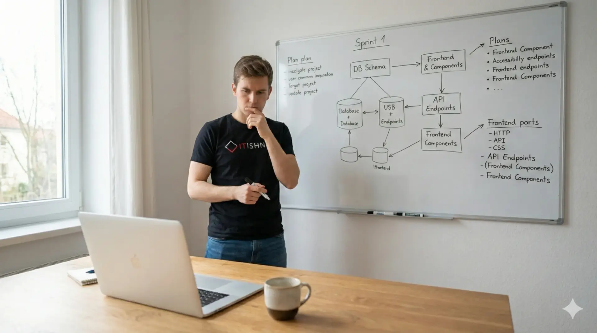 Male programmer typing on a laptop with a whiteboard diagram background while building a Wix website.