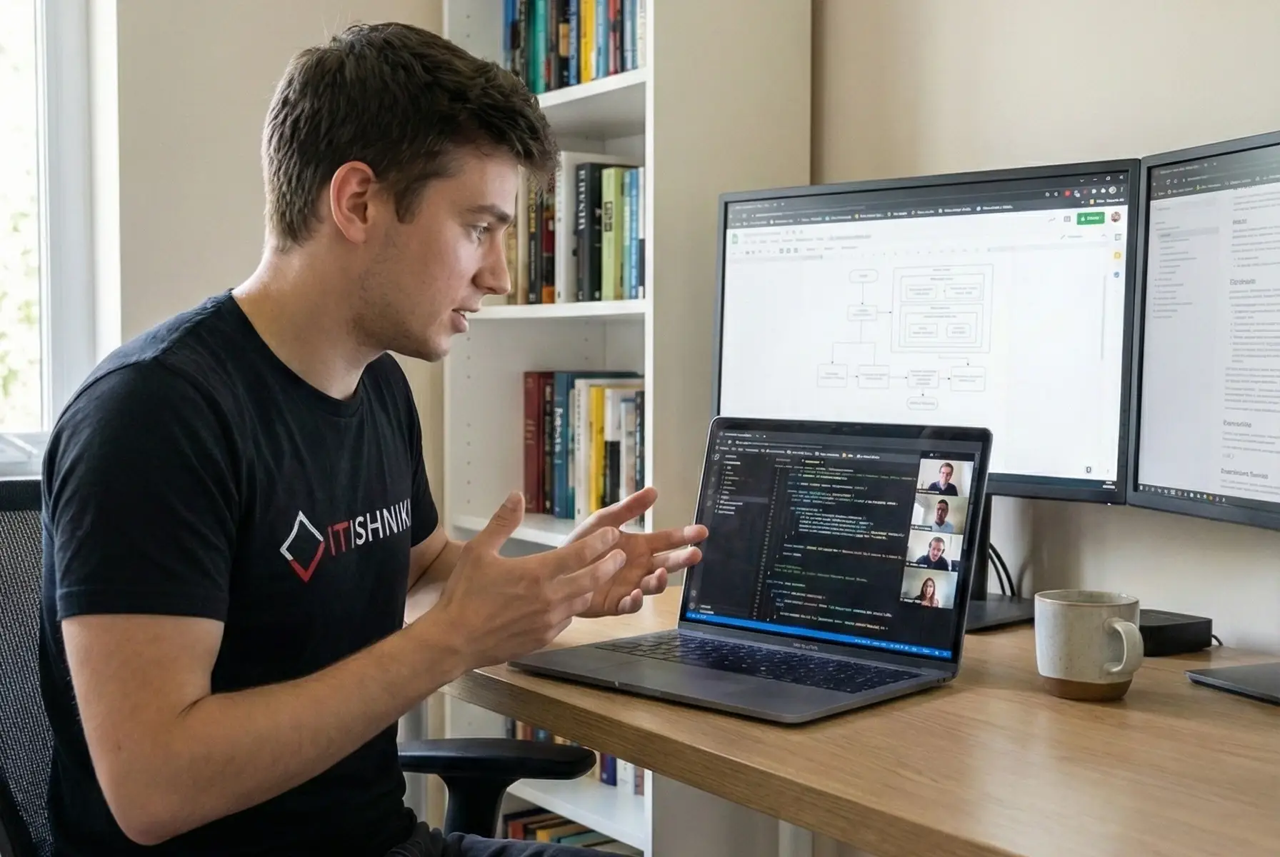 Young professional gesturing during a virtual meeting while reviewing Elementor diagrams on dual screens