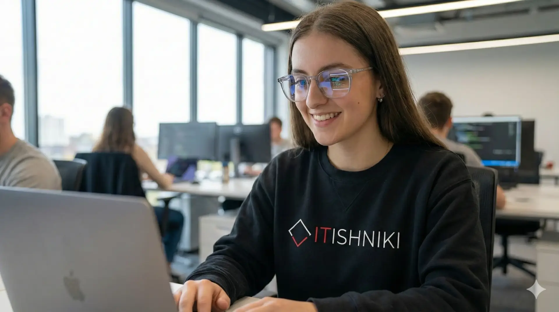 Smiling young woman in glasses coding Shopify store updates on laptop in bright workspace