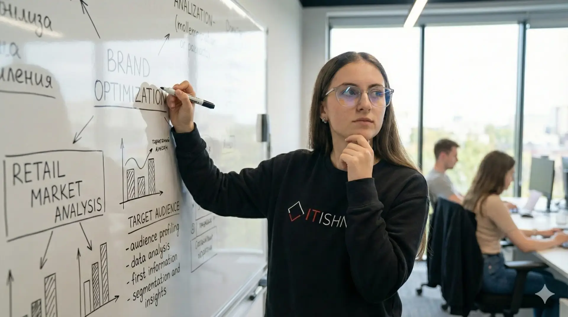 Professional woman writing Shopify retail market analysis and brand strategy on a whiteboard in an office