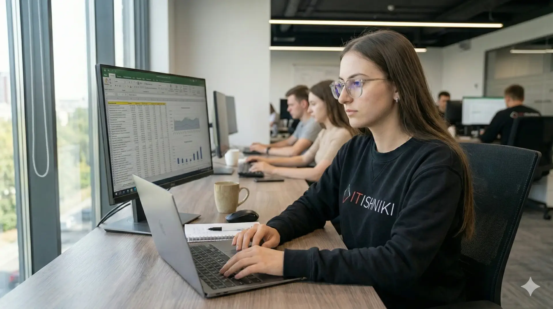 Woman checking Shopify analytics on laptop at wooden desk near brick wall and plants
