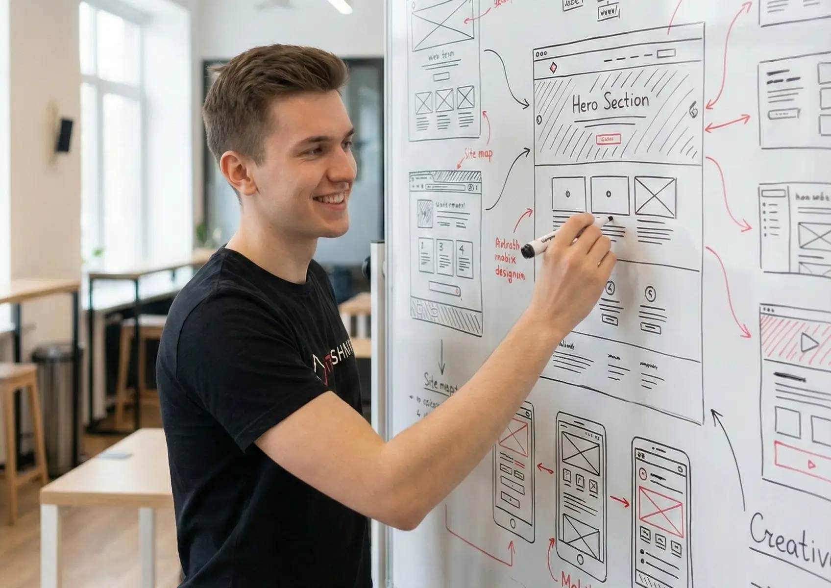 Young professional sketching website wireframes and Html structure on a whiteboard with a marker
