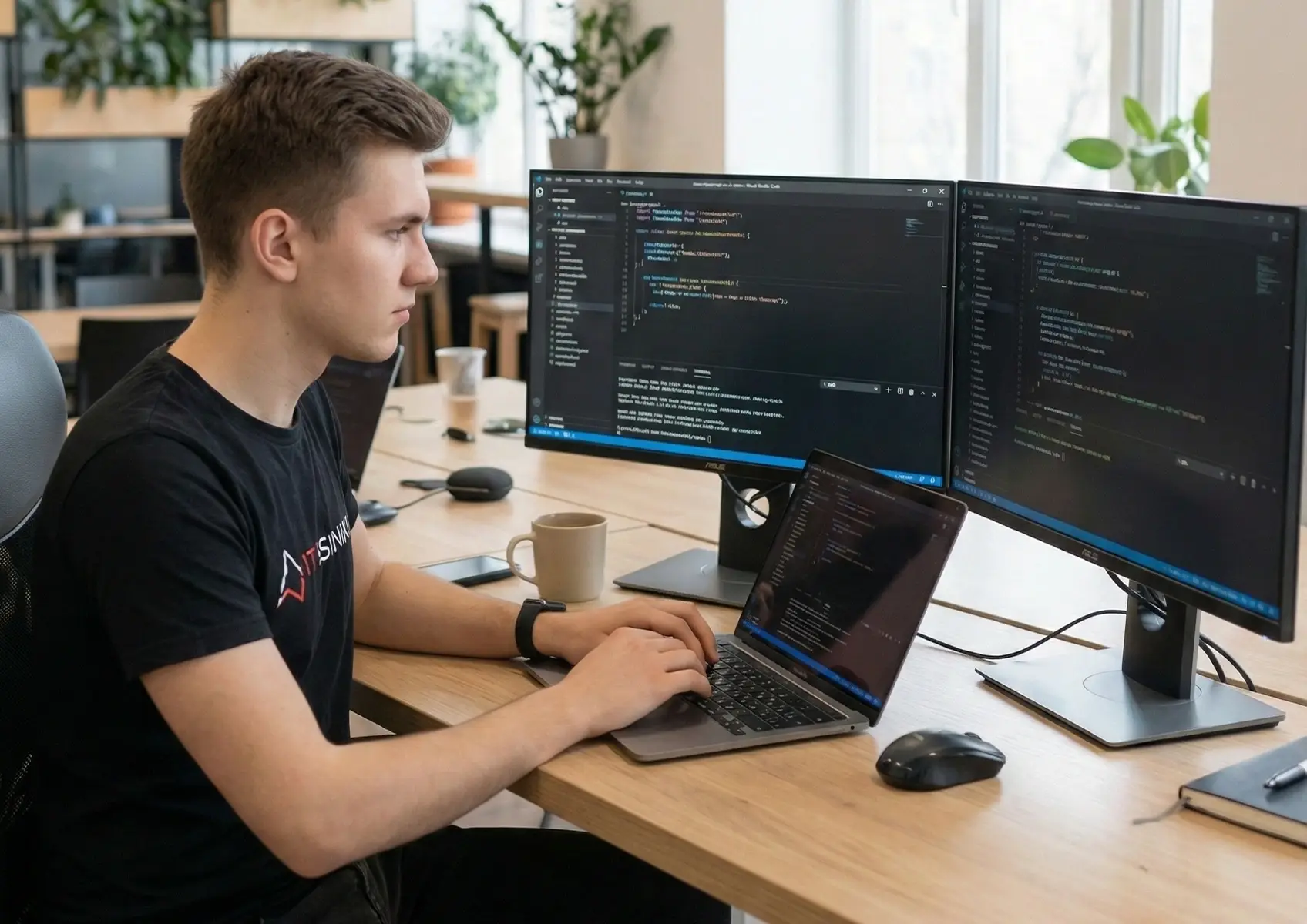 Young male programmer typing Html syntax on a laptop connected to dual monitors