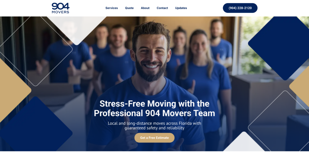 Local moving company homepage showing professional 904 Movers team and clear website design conversion paths.