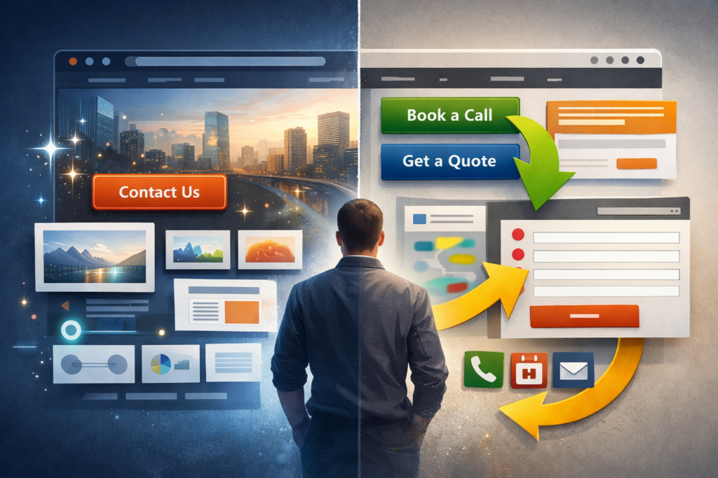 A split-screen graphic comparing aesthetic website design with strategic conversion paths, showing a visually stunning city-themed landing page on the left and a functional, form-driven interface with "Book a Call" and "Get a Quote" buttons on the right.