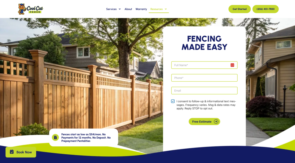Fencing company website layout with a prominent lead capture form and mobile-friendly navigation.