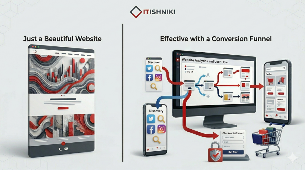 A split-screen graphic comparing aesthetic website design with strategic conversion paths, showing a visually stunning city-themed landing page on the left and a functional, form-driven interface with "Book a Call" and "Get a Quote" buttons on the right.