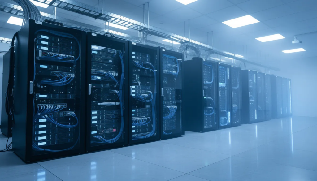 A high-tech server room representing the infrastructure of the best hosting providers for small business websites.