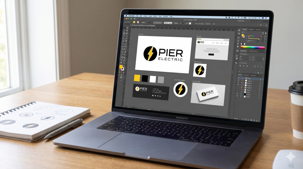 A laptop screen displaying brand asset variations, logos, and business card layouts in Adobe Illustrator for a cohesive digital identity.