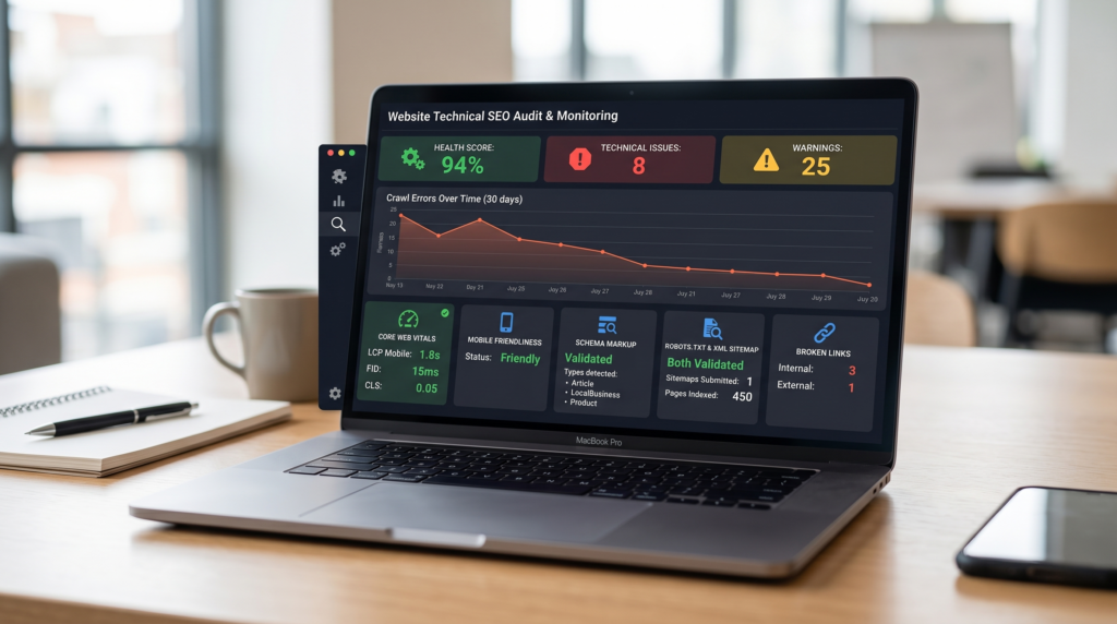 An SEO analytics dashboard on a laptop displaying a website health score, Core Web Vitals, and crawl error trends over time.