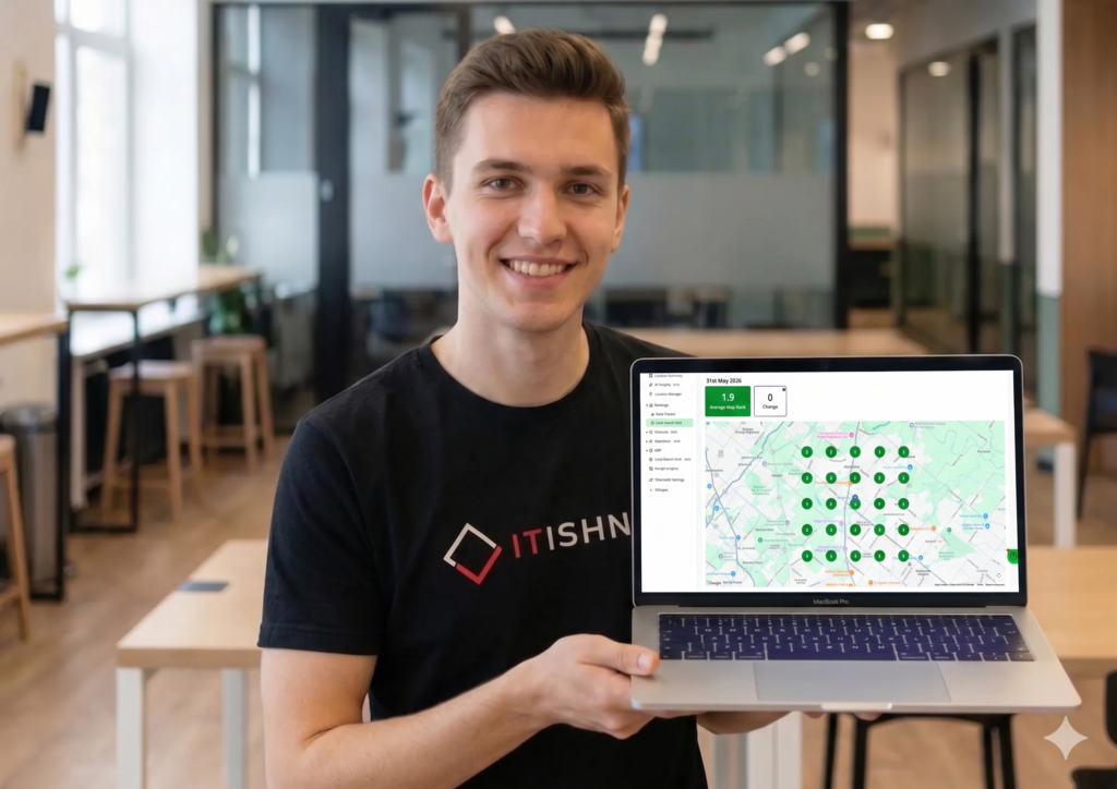 A professional displaying a laptop screen that shows a local SEO grid map tracking search visibility across geographical coordinates.
