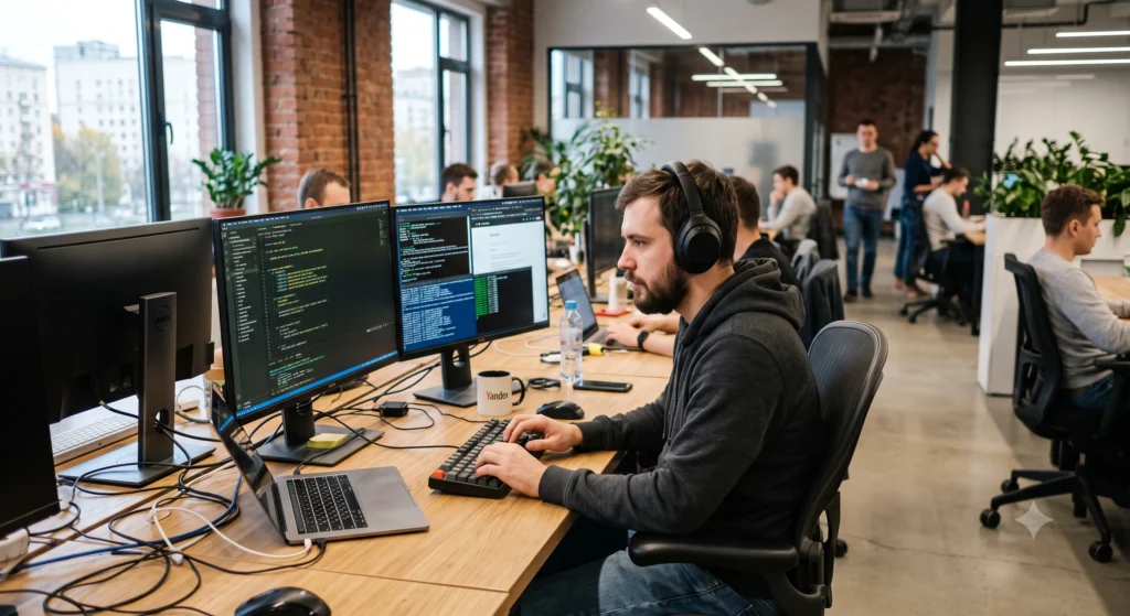 A programmer with headphones codes at his desk, utilizing managed IT services to optimize software development workflow.