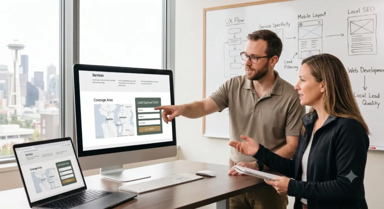 Blog 12 Two professionals analyze a website layout to improve lead generation for managed IT services in a modern office.