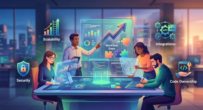 Diverse tech professionals analyzing scalable digital solutions and custom software development for a growing business.