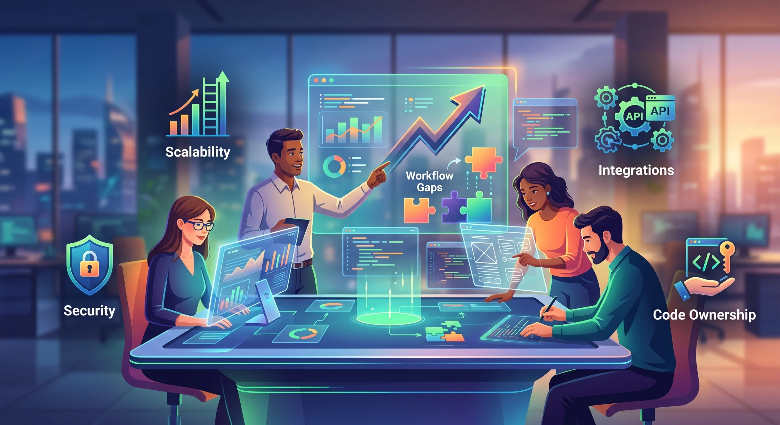 Diverse tech professionals analyzing scalable digital solutions and custom software development for a growing business.