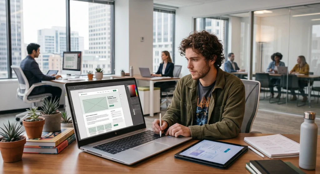 A focused young designer editing website layouts on a laptop screen while evaluating website redesign cost factors.